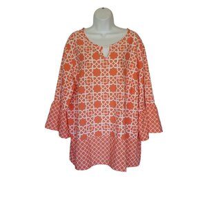 Ruby Rd Blouse Top Womens Size 22W Coral White Flowing Beaded Keyhole 3/4 Bell S